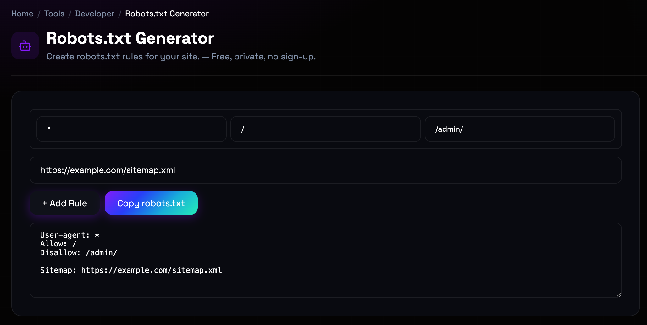 How to use Robots.txt Generator online — free, fast, and private